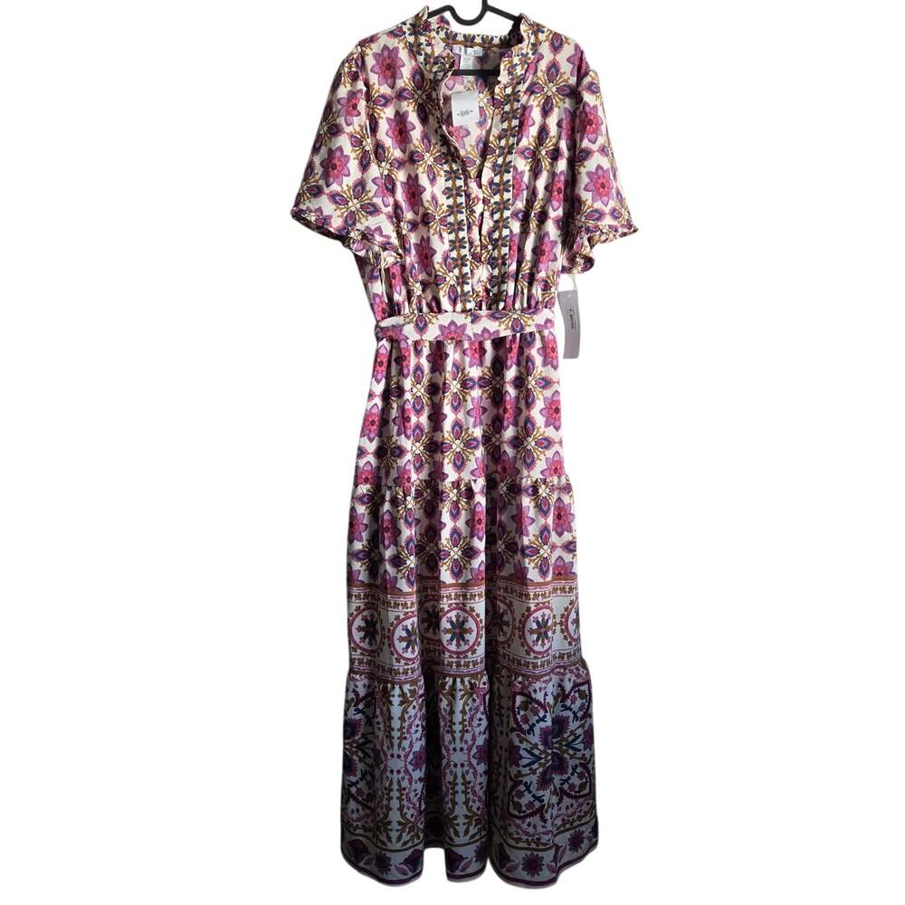 NWT London Times Plus SZ 2XL Floral Tiered Maxi Dress Pink Cream